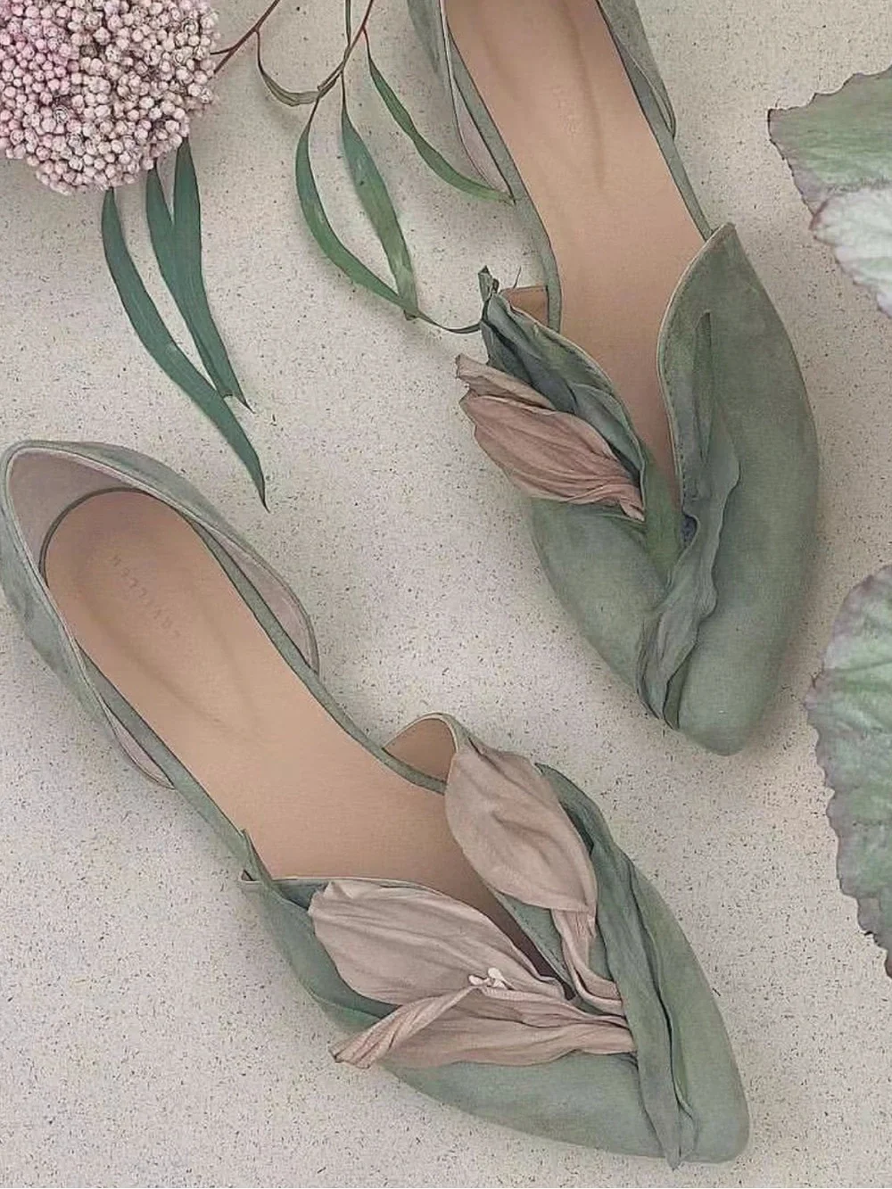 Floral Appliqué Pointed Toe Flats in Pink and Sage